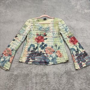 VTG High Sierra Top Womens M Green Floral Script Bell Sleeve Stretch Hippie Boho